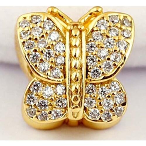 Original Gold Color Shine Pave Butterfly With Crystal Beads Fit 925 Sterling Silver Bead Charm Bracelet Diy Jewelry