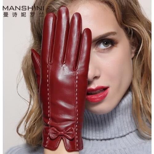 Genuine leather touch screen gloves female winter thicken warm sheepskin gloves womens fashion telefingers gloves MLZ033