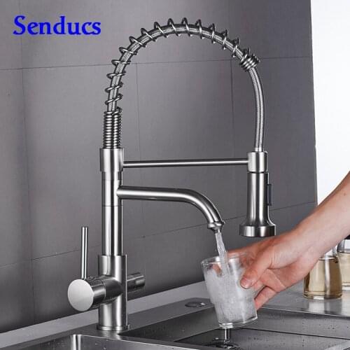 Senducs Health Kitchen Water Faucet Quality Brass Pull Down Filter Kitchen Sink Faucet Dual Handle Pull Out Kitchen Mixer Tap