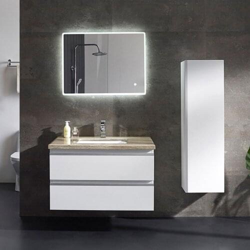Customized modern white bathroom vanity with 2 mirrors and lights