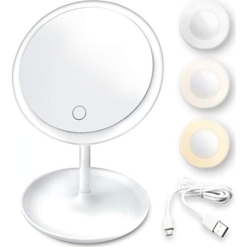 LED Makeup Mirror With Light Lamp With Storage Desktop Rotating Cosmetic Mirror Light Adjustable Dimming USB Vanity Mirror