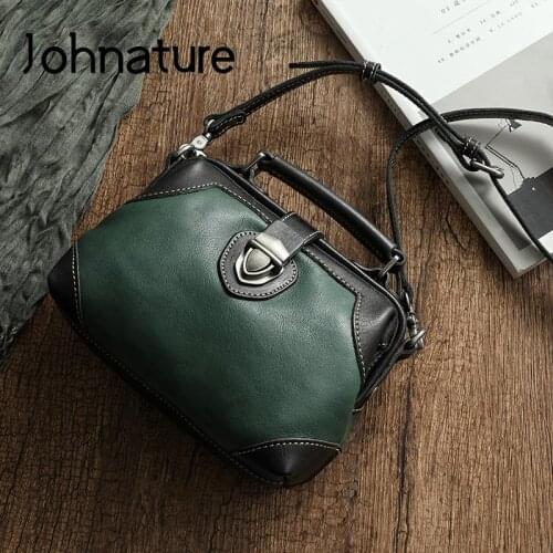 Johnature Vintage Small Doctor Bag 2021 Autumn New Genuine Leather Women Handbag Color Matching Soft Cowhide Shoulder Bags