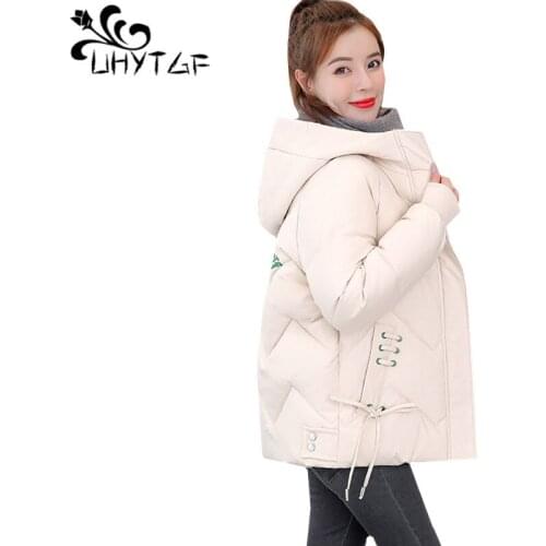 UHYTGF Korean plus size coat Female windproof casual warm cotton winter jacket Korean hooded short outerwear Parker Women 1767