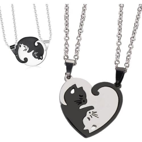 BTS-669 Stainless Steel Hug Cat Stitching Pendant Necklace 2020 New Heart Couple Necklace Men & Women Fashion Jewelry Wholesale