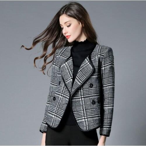 Autumn and winter European version of the collar-free fashion loose jacket black and white plaid collarless wool coat female