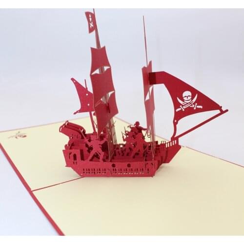 3D Handmade Full Red Sailing Ship Pirate Boat Paper Greeting Cards with Envelope Business Kids Birthday Party Invitation Gift