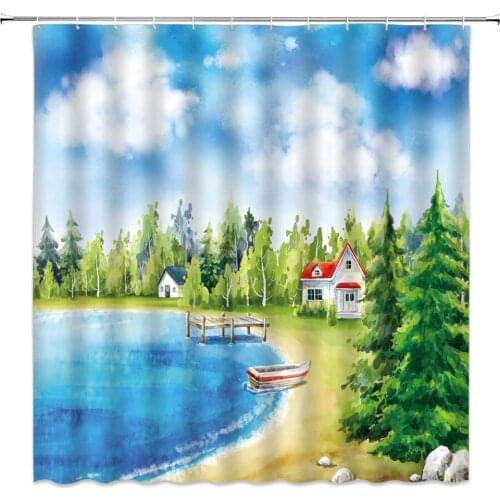 Watercolor Scenery Shower Curtains Lake Forest Wooden House Landscape Pattern Bathroom Decor Home Bath Cloth Hanging Curtain Set