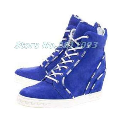 Lace Up Height Increase Suede Boots Round Toe Blue Dress Women Shoes Wedges Ankle Dress Booties Manufacturer High Heel Shoes