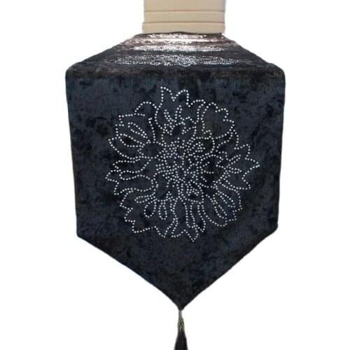 Black velvet table runner hot drilling diamond flower tea table runner home decorations