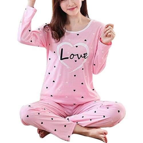 Casual Women Pajama Set O Neck Strawberry Heart Print Top Long Pant Thin Sleepwear Set Slim Women Underwear