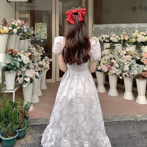 Puffer Sleeve Elegant Midi White Dresses Women One Piece Dress Korean Fahion Evening Vintage Party Dress Females 2021 Summer