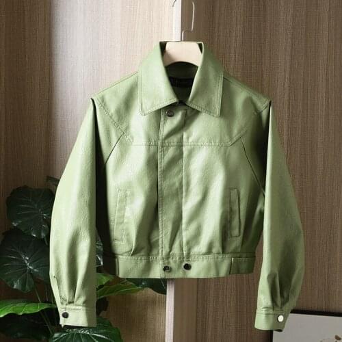 Korean Loose Beige Black Green Short Faux Leather Jacket Soft Women Outerwear Spring Imitate PU Leather Moto Biker Jacket Female