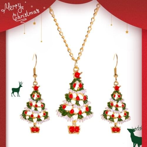 Stylish Christmas Ornaments Metallic Christmas Tree Pendant Necklace Earrings Female Christmas Tree Collection Retro Jewelry Set