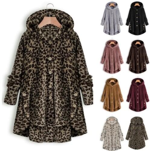 New Hooded Jacket Women Coat Button Plush Winter Warm Soft Leopard 8 colors Fashion Irregular Trench Plus Size 5XL Lady Outwear