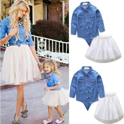 Family Matching Outfits 2020 New Girl Demin Dress set Family Matching Sets Mom and Daughter Mesh Dress Set Demin Top Tutu Dress