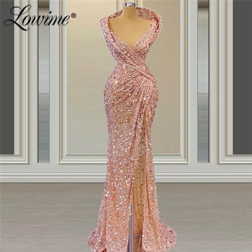 Lowime Pink Arabic Evening Dresses V Neck Sequins Mermaid Dubai Prom Gown Side Split Wedding Party Dress 2021 Vestido De Festa