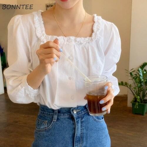 Shirts Women Sweet College Loose Edible Tree Fungus Single Breasted Spring Casual Korean Style Cropped Camisa Mujer Fashion Ins