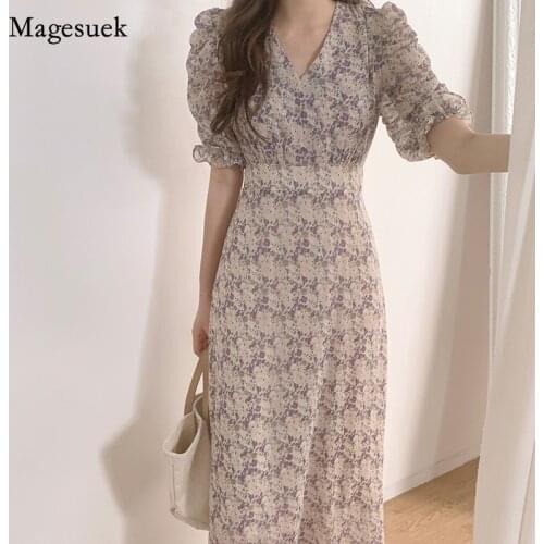 High Waist Women Dresses Print V-neck Korean Vintage Print Casual Dresses Elegant 2021 Summer Short Sleeve Fashion Dress 9813