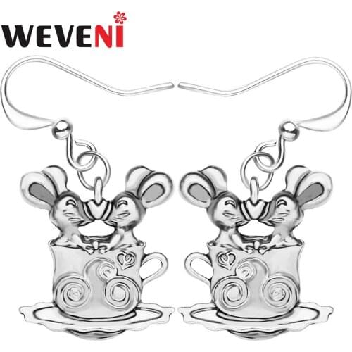 WEVENI Plated Alloy Antique Gold Double Sweet Cup Mouse Rat Earrings Animal Drop Dangle Jewelry For Women Kid Girl Birthday Gift