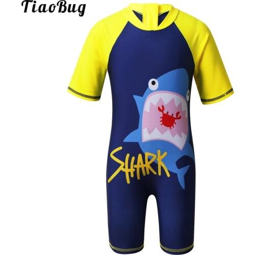 TiaoBug Kids Boys One-Piece Short Sleeves Cartoon Printed Zippered Swimsuit Swimwear Bathing Suit Sunsuit Rash Guard