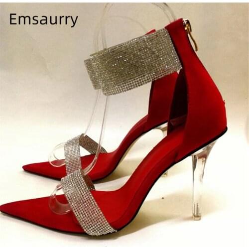 Jeweled Crystal One-strap Runway Shoes Woman Unique Clear Thin Heel Back Zip Cover Heels Red Suede Rhinestone Sandals Women