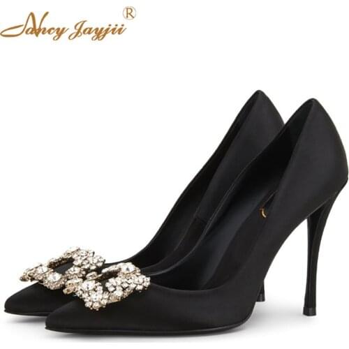 Flower Green Black Hollow Wedding Concise Strass Buckle Pump 100mm Genuine Leather Thin High Heel Metal Decoration Autumn Shoes