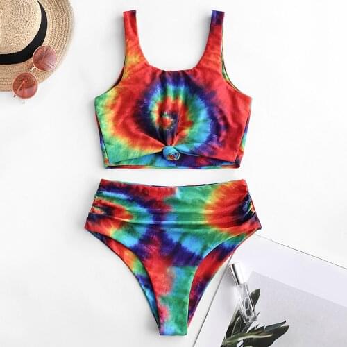 ZAFUL Tie Dye Knot High Waist Tankini Swimsuit Two Piece Swimwear Women Push Up Sexy Bathing Suit Rainbow Feme Bikini Set 2021