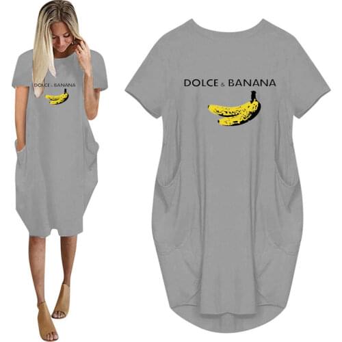 2021 New Dolce banana printed Women Summer Casual Loose Dress With Pocket Ladies Fashion O Neck Long Tops Female T Shirt Dress