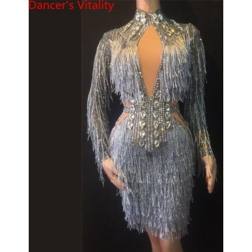 Women Singer Rhinestone Elastic Perspective Sheer Tassel Short Evening Dress Backless Latin Dance Stage Wear Performance Costume