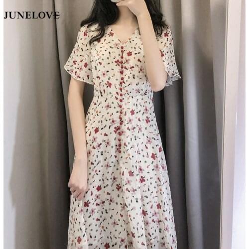 French Print Floral Women Dress New Summer Vintage Short Sleeve Chiffon Dresse Casual Holiday Lady Boho Beach Vestidos