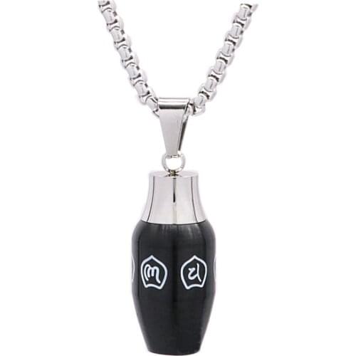 1PC Unique Black Pet Ash Box Memorial Necklace Buddhism Six-word Mantra Bottle For Men Stainless Steel Clavicle Chain Necklaces