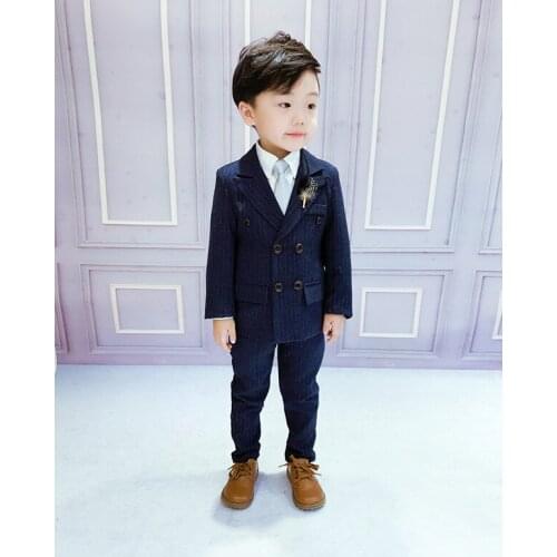 2Pcs(Jacket+Pants) New Autumn Kids Striped Clothing Suits for Boy England Style Boy Formal Wedding Blazer Suit Children Costume