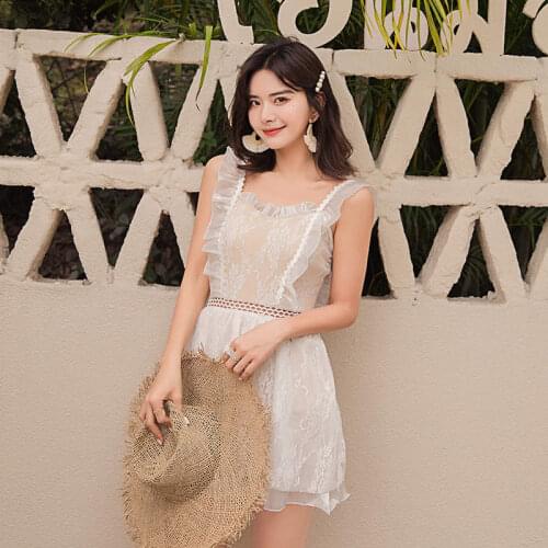 2021 New White Sweet Princess Lace Pattern Folds Suspenders Slim Sexy Waist Hollow Open Back Skirt Hot Spring Vacation Swimsuit