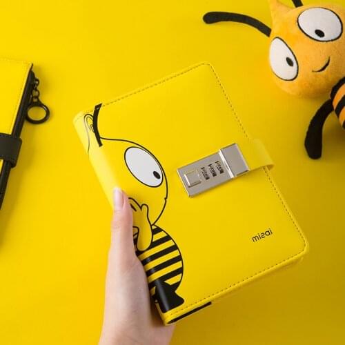 A6 Binder Notebook with Lock Spiral Journal Cute Bee Diary Small Notepad Line Agenda Planner Organizer Note Book Rings Handbook