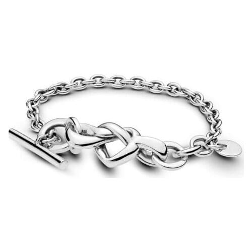 925 Sterling Silver pandora Bracelet Knotted Heart Heart-embellished T-clasp Link Bangle Fit Women Bead Charm Fashion Jewelry