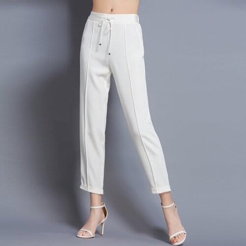 100% Heavy Silk Harlan Pants White Women Mid Waist Pockets Solid Ankle-length Pants Simple Design Casual Plus Sizes New Fashion
