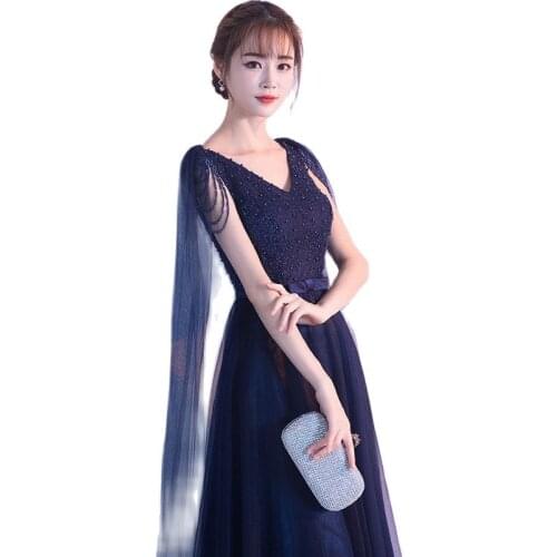 Long V-neck Cape Lace Beading Pearls Prom Dresses 2018 Cheap Chiffon Evening Party Dress Ballkleider Special Occasion Dresses