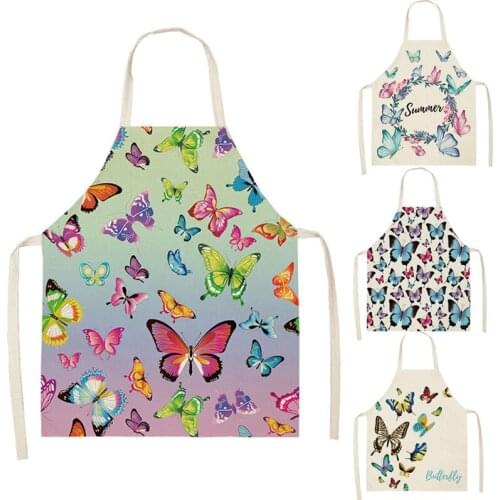 Butterfly Flower Printed Kitchen Aprons for Women Cotton Linen Home Cooking Baking Waist Bib Pinafore Barista BBQ Cleaning Tools