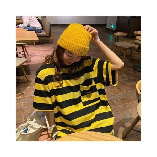 Short Sleeve O-Neck 2021 Summer Spring Women Top T-Shirts Casual Loose Basic Striped Pocket Simple College Wind