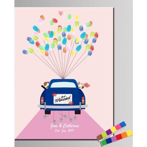 HAOCHU Custom Wedding Guestbook Canvas For Fingerprint Happy Couple Wedding Car For Bridal Shower Party Souvenir 2 set Inkpad