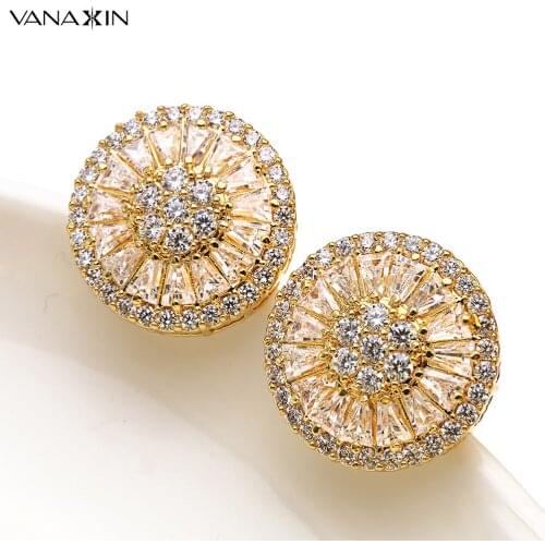 VANAXIN Round Stud With White CZ Big Korean Girl Stud Earrings Bling Bling Shiny CZ Fine Quality Fashion Brass Jewellery Gift