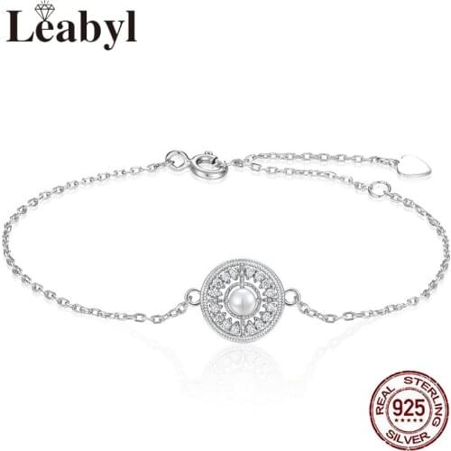 Leabyl Shinny White Zircon Round Pearl Charm Bracelet for Women Girlfriend Gift Real 925 Sterling Silver Chain Link Bracelet