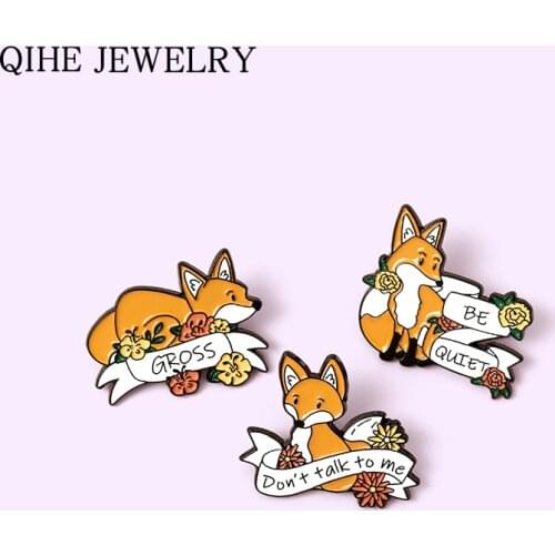 Cute Cartoon Fox Enamel Pins Custom Flower Banner Animal Brooches Bag Lapel Pin Badges Jewelry Gift for Kids Friends Wholesale