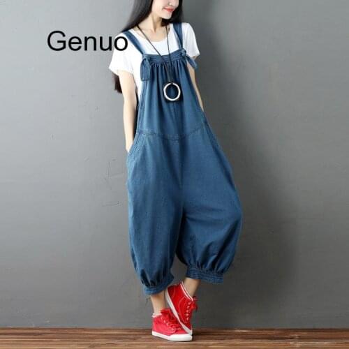 Fashion Loose High Waist Irregular Women Denim Jumpsuits Solid Color Casual Drop Crotch Sleeveless Romper