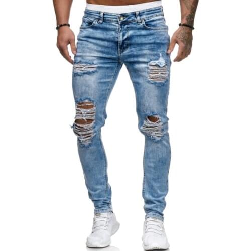 Mens Jeans Fried Bleaching Technology Small Straight Tube Pants Fashion Thin Skinny Jeans Mens Denim Trousers