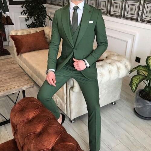 Handsome Hunter Green Slim Fit Men Suits One Button Three Pieces Wedding Tuxedos Peaked Lapel Man Business Clothing