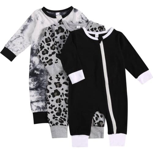 Newborn Baby Newest Fashion Clothes Autumn Trendy Print Long Sleeve Crew Neck Zipper Romper Jumpsuit One-Piece Outfit Home Wear