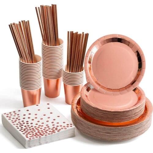 250 Pcs Disposable Banquet Tableware Rose Gold Aluminum Foil Paper Cup Tray Straw Birthday Party Wedding Decoration Supplies