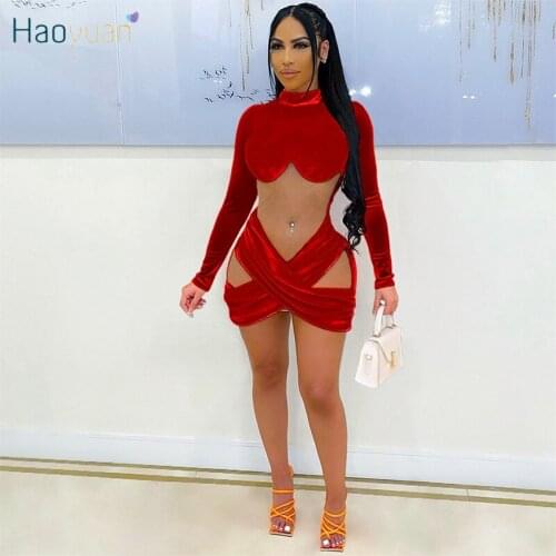 HAOYUAN Plus Size Sheer Mesh Bodycon Dress Long Sleeve Fall Outfits for Women Birthday Party Wear Sexy Night Club Mini Dresses