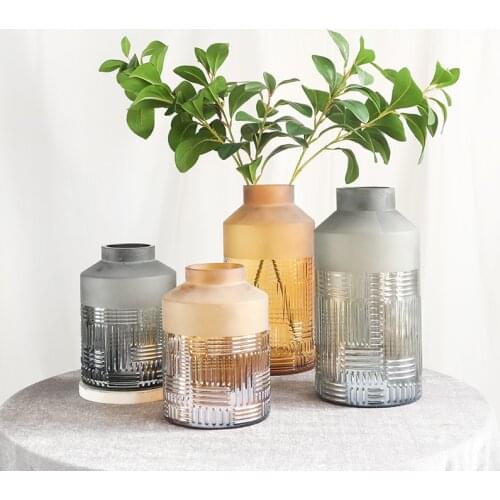 Modern Simple and Light Luxury Retro Embossed Frosted Plaid Frosted Glass Glass Vase Flower Arrangement and Floriculture Home